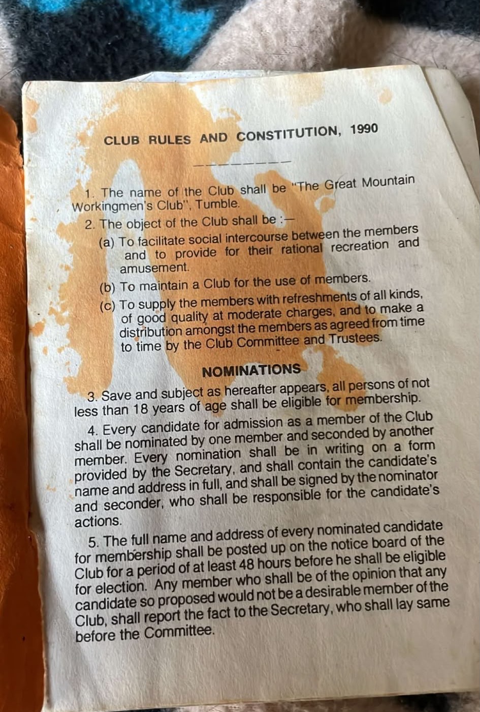 Photographed first page of the Great Mountain Workingmen's Club Rules and Constitution, 1990