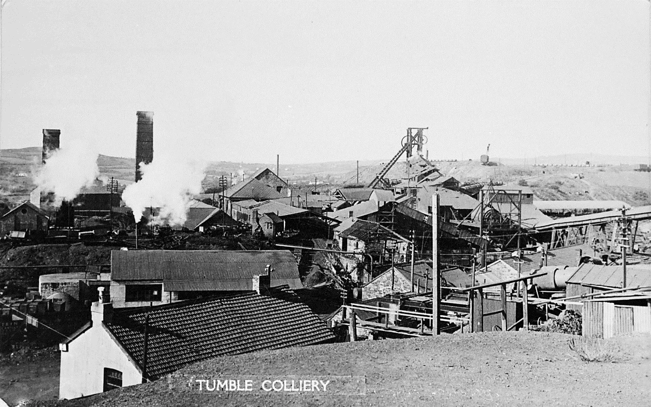 Wide historical view of Great Mountain Colliery in Tumble