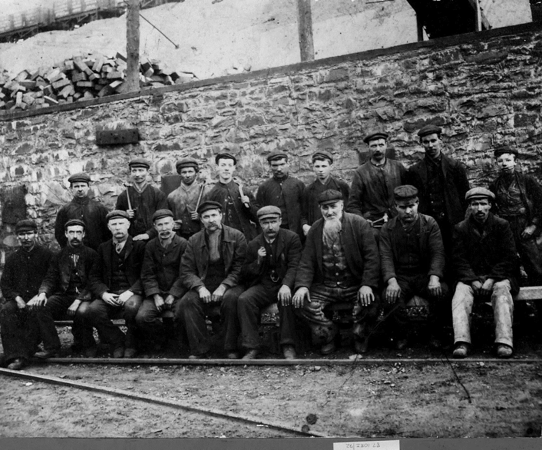 A group of Great Mountain miners gathered outside the colliery
